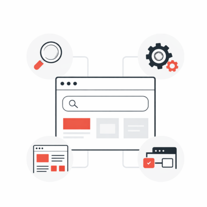 Vector illustration showing professional SEO services with website optimisation, search analysis, and technical SEO elements.